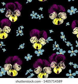 Seamless floral pattern with hand drawn colorful sketches of pansy flowers (Viola tricolor) and forget-me-not blossom.