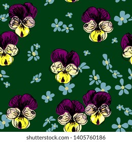 Seamless floral pattern with hand drawn colorful sketches of pansy flowers (Viola tricolor) and forget-me-not blossom.
