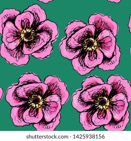 Seamless floral pattern with hand drawn peony blossom.