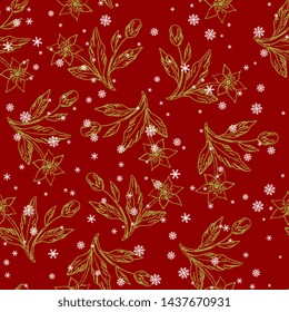 Seamless floral pattern with hand drawn flower branches and snowflakes. 