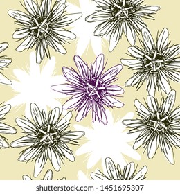 Seamless floral pattern with hand drawn sketches of Blue Passion Flower or Passiflora.