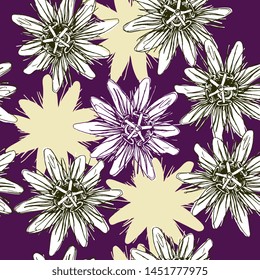 Seamless floral pattern with hand drawn sketches of Blue Passion Flower or Passiflora.