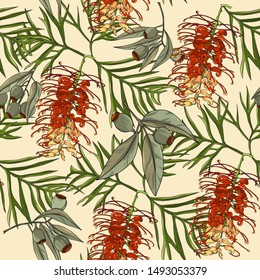 Seamless Floral Pattern Of Hand Drawn Red Gravillea Banksii Flower And Gum Nut,australia Native Plant