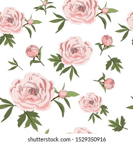 seamless floral pattern of hand drawn pink peony flowers on white background