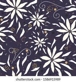 Seamless Floral Pattern with hand drawn flowers, on background with dots and splatters. Great for wall art. fabric, cards, swatches, textile, etc. Vector Illustration
