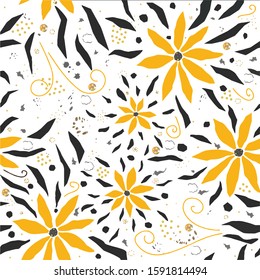 Seamless Floral Pattern with hand drawn yellow flowers, on background with dots and splatters. Great for wall art. fabric, cards, swatches, textile, etc. Vector Illustration