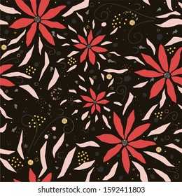 Seamless Floral Pattern with hand drawn flowers, on background with dots and splatters. Great for wall art. fabric, cards, swatches, textile, etc. Vector Illustration