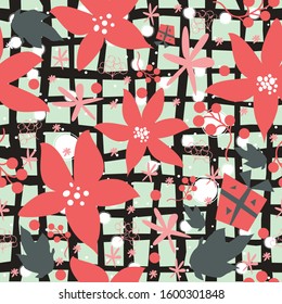 Seamless floral pattern of hand drawn poinsettia, berries, leafs, snowflakes. Winter/Fall/Merry Christmas Collection. 