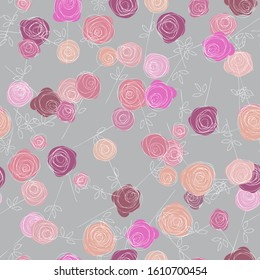 Seamless floral pattern. Hand drawn abstract roses on a gray background. Romantic sketch flowers pattern. Textile composition, hand drawn style print. Vector illustration.