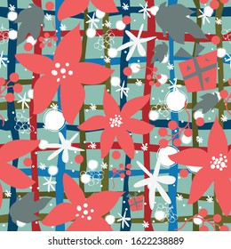 Seamless floral pattern of hand drawn poinsettia, berries, leafs, snowflakes. Winter/Fall/Merry Christmas Collection. 