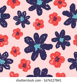 Seamless floral pattern with hand drawn blue and red flowers.
