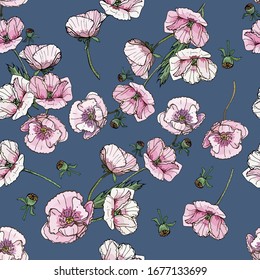 Seamless floral pattern with hand- drawn garden poppies, lilac, monochrome and pink. Papaver somniferum L. Infinite texture for your design, romantic greeting cards, advertising, fabrics