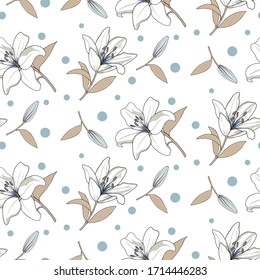patrón floral transparente dibujado a mano con lirio blanco y punto azul sobre fondo blanco