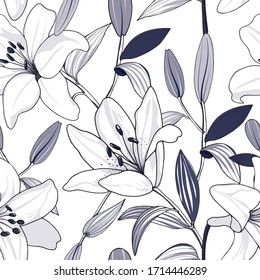 seamless floral pattern of hand drawn white lily in navy tone on white background