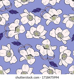 seamless floral pattern with hand drawn white anemone flowers. creative floral designs for fabric, wrapping, wallpaper, textile, apparel. vector illustration