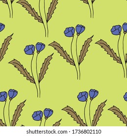 Patrón floral sin foco. Dibujado a mano. Flores cortadas sobre fondo verde ilustración botánica del doodle. Diseño para embalajes, tejidos, papel pintado, sitio web, tarjetas de felicitación, material impreso.
