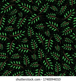 Seamless floral pattern. Hand drawn. leaves on black background botanical doodle illustration. Design for packaging, fabric, textile, wallpaper, web, greeting cards, printed material.