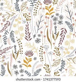 Seamless floral pattern with hand drawn plants, leaves, wild flowers. Perfect for fabric design, wallpaper, apparel. Vector illustration