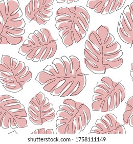 Seamless floral pattern with hand drawn monstera leaves and pink design elements on white background. Perfect for textile fabric print, wrapping, wallpapers, invitation, card, etc. Line art.