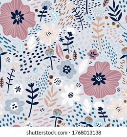 Seamless floral pattern with hand drawn leaves, wild flowers. Perfect for fabric design, wallpaper, apparel. Vector illustration. Hand drawn style.