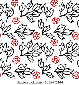 Seamless floral pattern. Hand drawn red flowers and black branches and leaves on white background. For textile design