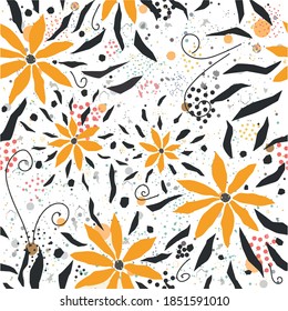Patrón floral sin foco con flores rosadas dibujadas a mano, rosa pastel y negro sobre fondo blanco con puntos y salpicaduras. Excelente para el arte de la pared. tela, tarjetas, permutas, textiles, etc. Ilustración vectorial