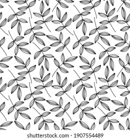 Seamless floral pattern of hand drawn black branches and leaves on a white background. Vector sketch plant elements in one continuous art line. Monochrome design for print, fabric, packaging paper