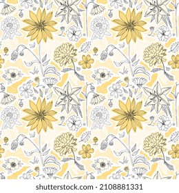 Nahtlose Blumenmuster mit handgezeichneten Blumen und gelben Flecken auf weißem Hintergrund. Vektorgrafik. 