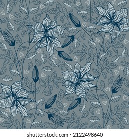 Patrón floral sin foco. Dibujado a mano. Ilustración vectorial. El ornamento de flores se puede utilizar para baldosas de cerámica, papel pintado, textil, invitación, tarjeta de saludo, fondo de página web.