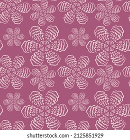 Seamless floral pattern with hand drawn big ornament flowers. Vector design in purple-pink colours for fabric, textile, wallpaper, prints, decorations, packaging.
