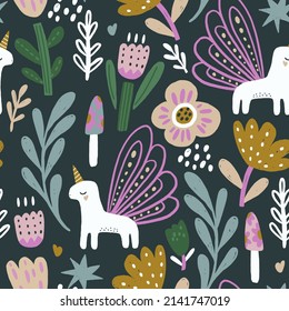 Seamless floral  pattern with hand drawn flowers and fairy unicorns. Spring summer blossom background. Perfect for fabric design, wallpaper, apparel. Vector illustration