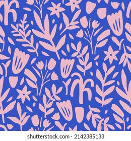 Patrón floral sin foco con planta dibujada a mano, flores, hojas. Textura botánica de moda para tela, textil. Ilustración del vector