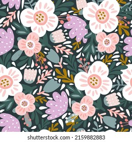 Seamless floral pattern with hand drawn pastel bold flowers. Spring summer blossom background. Perfect for fabric design, wallpaper, apparel. Vector illustration