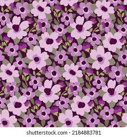 Seamless floral pattern with hand drawn plants in purple. Romantic ditsy print, beautiful botanical background with liberty meadow, small flowers, leaves. Vector illustration.