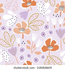 Seamless floral  pattern with hand drawn flowers and berries. Spring summer blossom background. Perfect for fabric design, wallpaper, apparel. Vector illustration