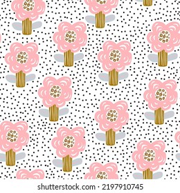 Seamless floral  pattern with hand drawn flowers and mushrooms. Spring polka dot summer blossom background. Perfect for fabric design, wallpaper, apparel. Vector illustration