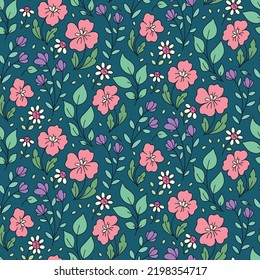 Seamless floral pattern with hand drawn wild plants on a blue field. Romantic ditsy print, botanical background with drawing decorative meadow, small line art flowers, leaves, herbs. Vector.