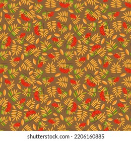 Patrón floral sin soldadura, dibujado a mano, vector. Rojo, coloridas hojas de otoño, patrón otoño, fondo marrón.