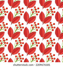 Nahtlose Blumenmuster, handgezeichnet, Vektorgrafik. rote Beeren, rote Herbstblätter, weißer Hintergrund.