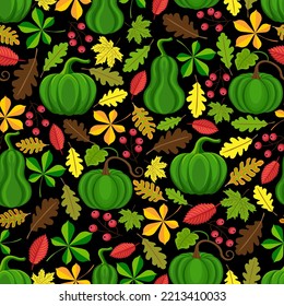 Seamless floral pattern, hand drawn. Green pumpkins, berries, colourful autumn leaves, black background.