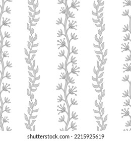 Seamless floral pattern, hand drawn, vector. Simple floral ornament, grey plants on white background.