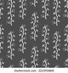 Seamless floral pattern, hand drawn, vector. Simple floral ornament, white plants on grey background.