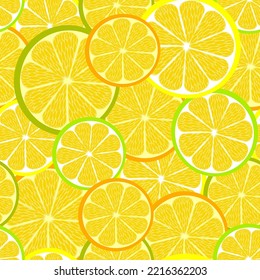 Seamless floral pattern, hand drawn, vector. Citrus slices, summer yellow background.