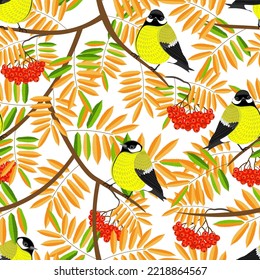 Patrón floral sin soldadura, dibujado a mano, vector. Rojo, coloridas hojas de otoño, tetas de pájaros, fondo blanco.