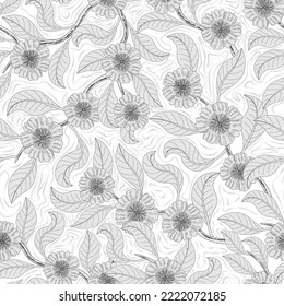 Seamless floral pattern, hand drawn, vector. Textured, line art style pattern, white background.