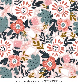 Seamless floral pattern with hand drawn bright bold flowers. Spring summer blossom background. Perfect for fabric design, wallpaper, apparel. Vector illustration
