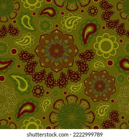 Patrón floral sin soldadura, dibujado a mano, vector. Patrón ornamental, de moda, colorido, verde, rojo, amarillo.