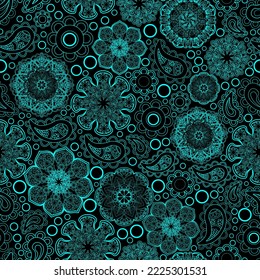 Seamless floral pattern, hand drawn, vector. Boho style ornamental pattern, blue line art pattern on black background.
