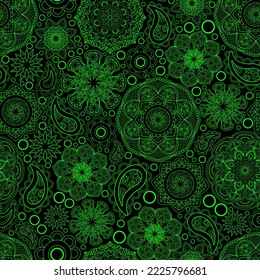 Seamless floral pattern, hand drawn, vector. Green and black, boho style ornamental pattern, mandala patterns.