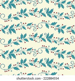Seamless floral pattern. Hand drawn branches with leaves and berries. Vector illustration.